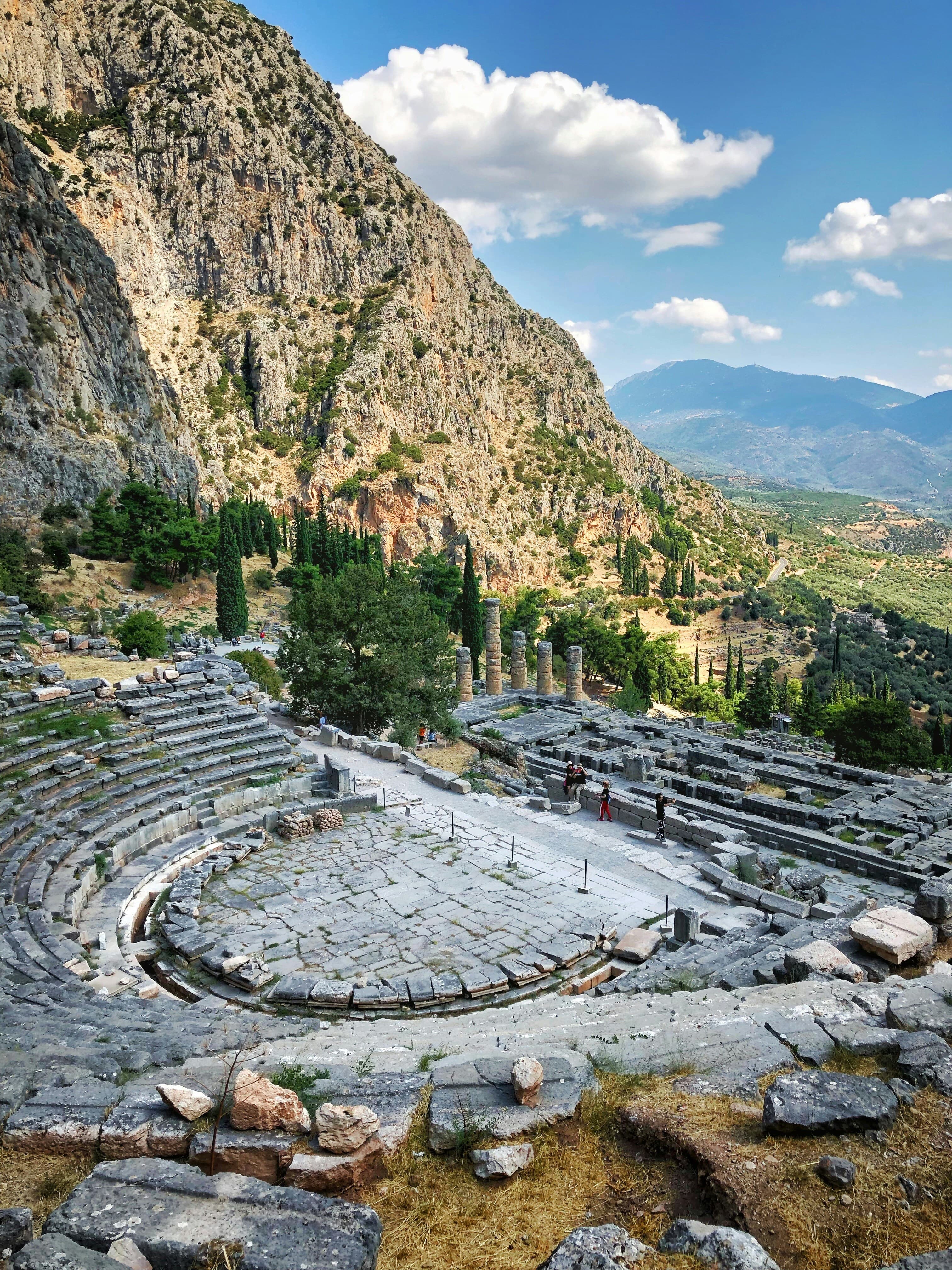 Ancient ruins at Delphi against the mountain landscape