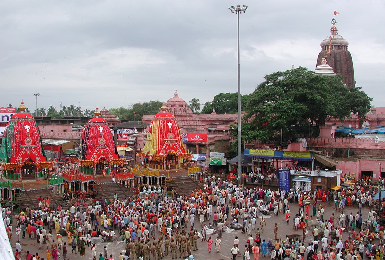 Crowds and chariots during the Ratha Yatra in Puri