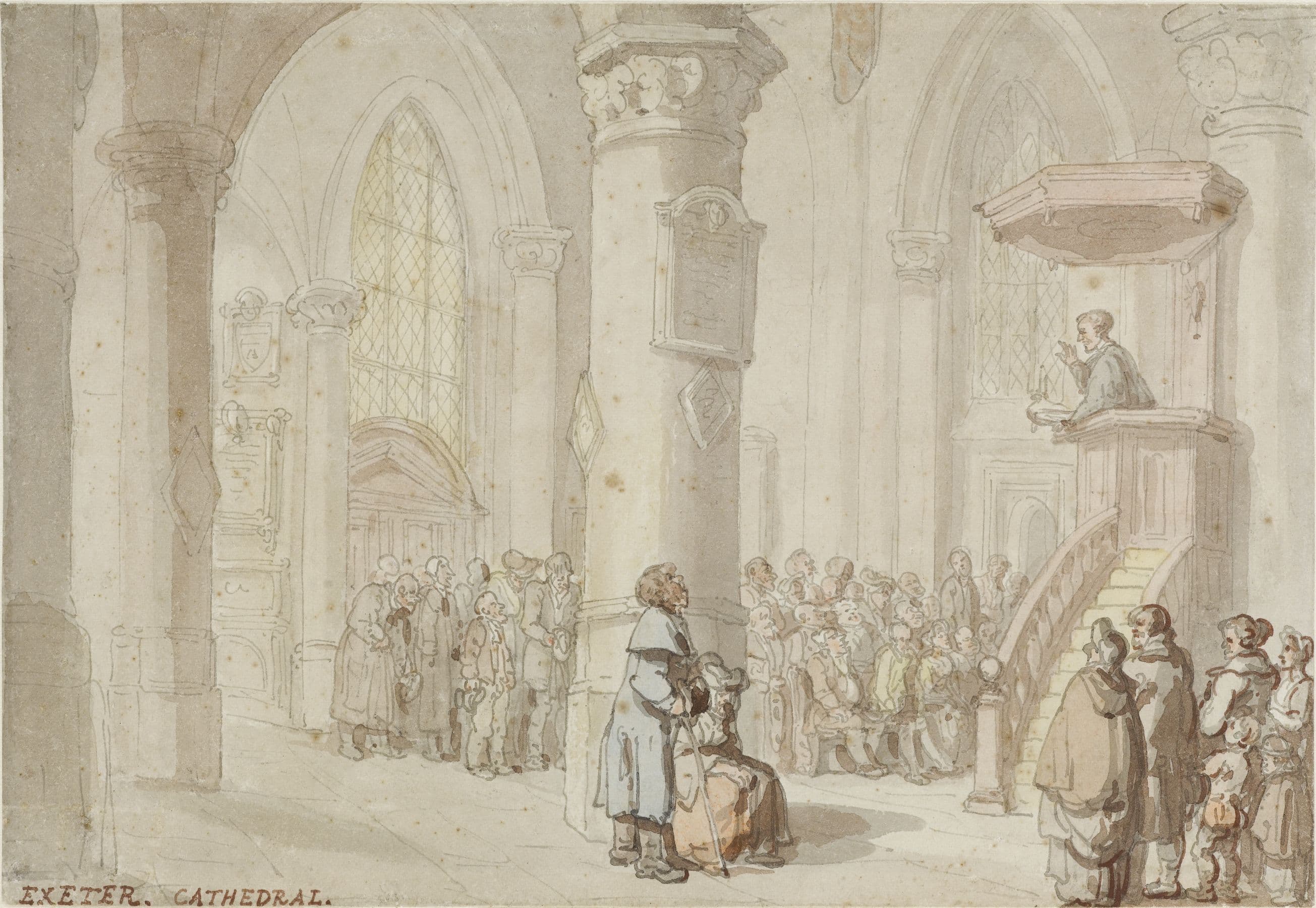 Over the course of more than 20 years Rowlandson made numerous watercolours of Devon and Cornwall scenes while staying with his friend Matthew Mitchell near Bodmin. As with the artist’s depiction of ‘French prisoners under escort to Exeter Castle’, it is the figures that command the viewers’ attention rather than the

architecture of a precise location. Rowlandson is best known for humorous representations of daily life in the Georgian era.