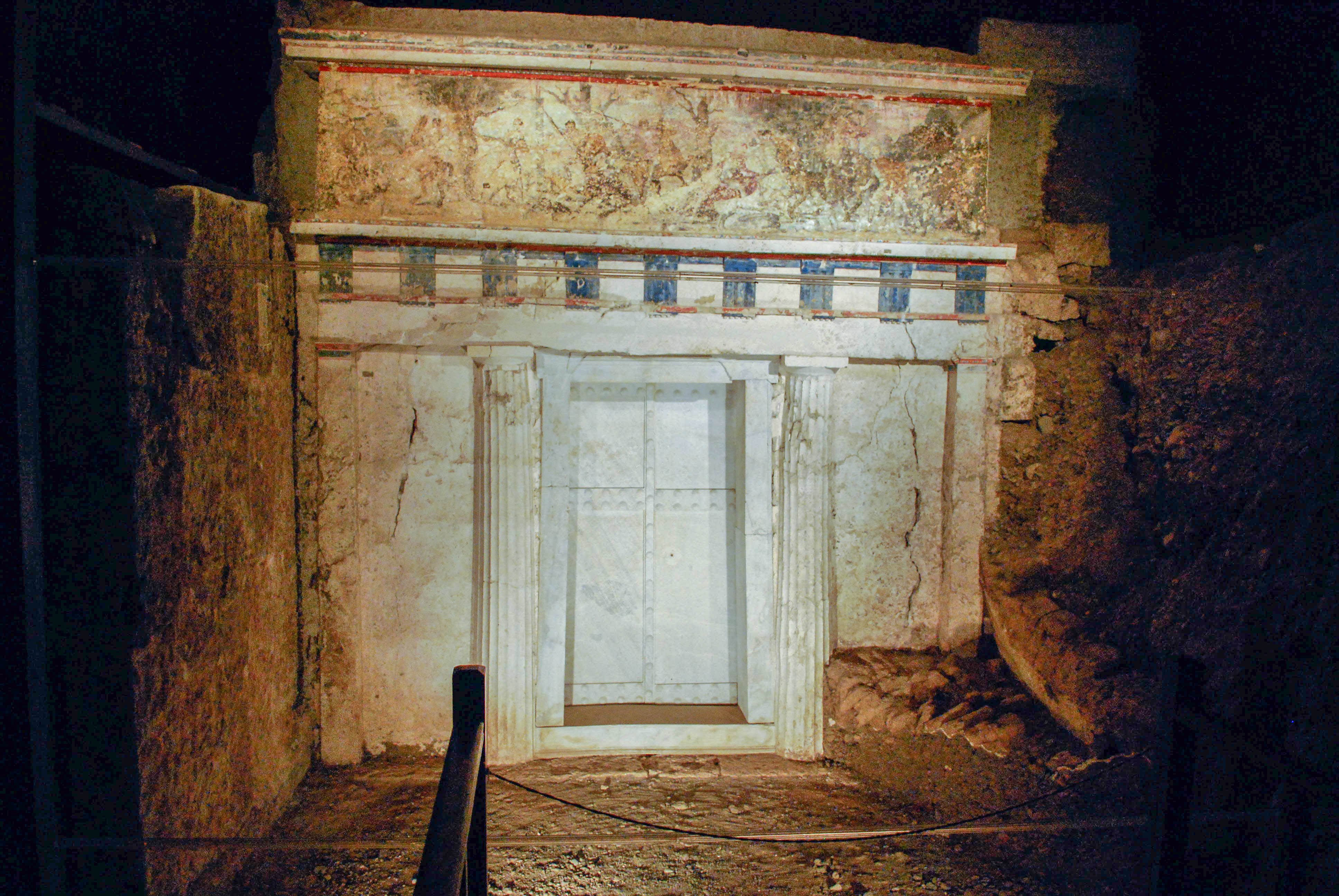 Facade of Philip II of Macedon tomb in Vergina, Greece. The door is made of marble and the order is doric.