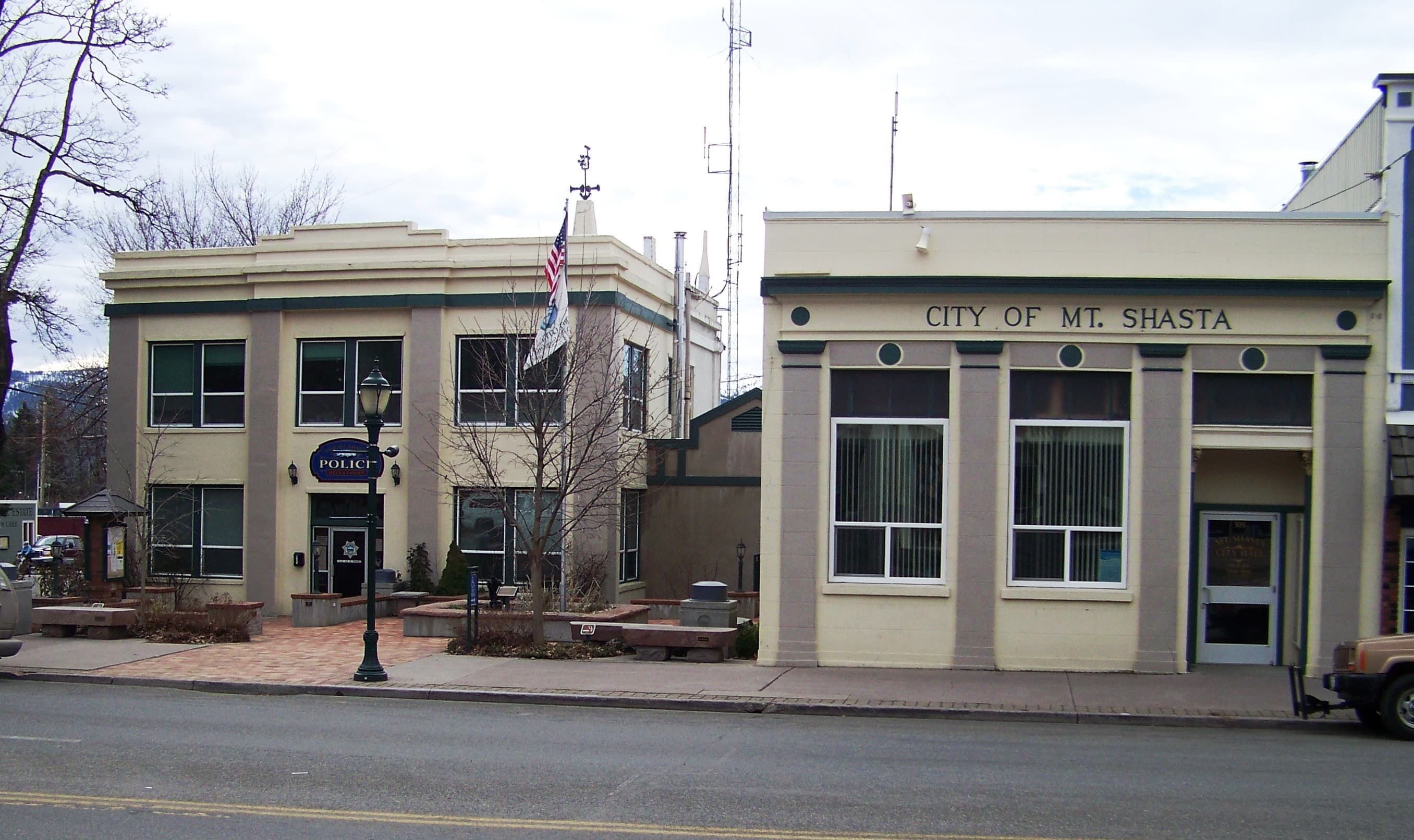 The City of Mount Shasta City Hall (left) and Police Station (right) buildings.
Located in Siskiyou County, northern California.