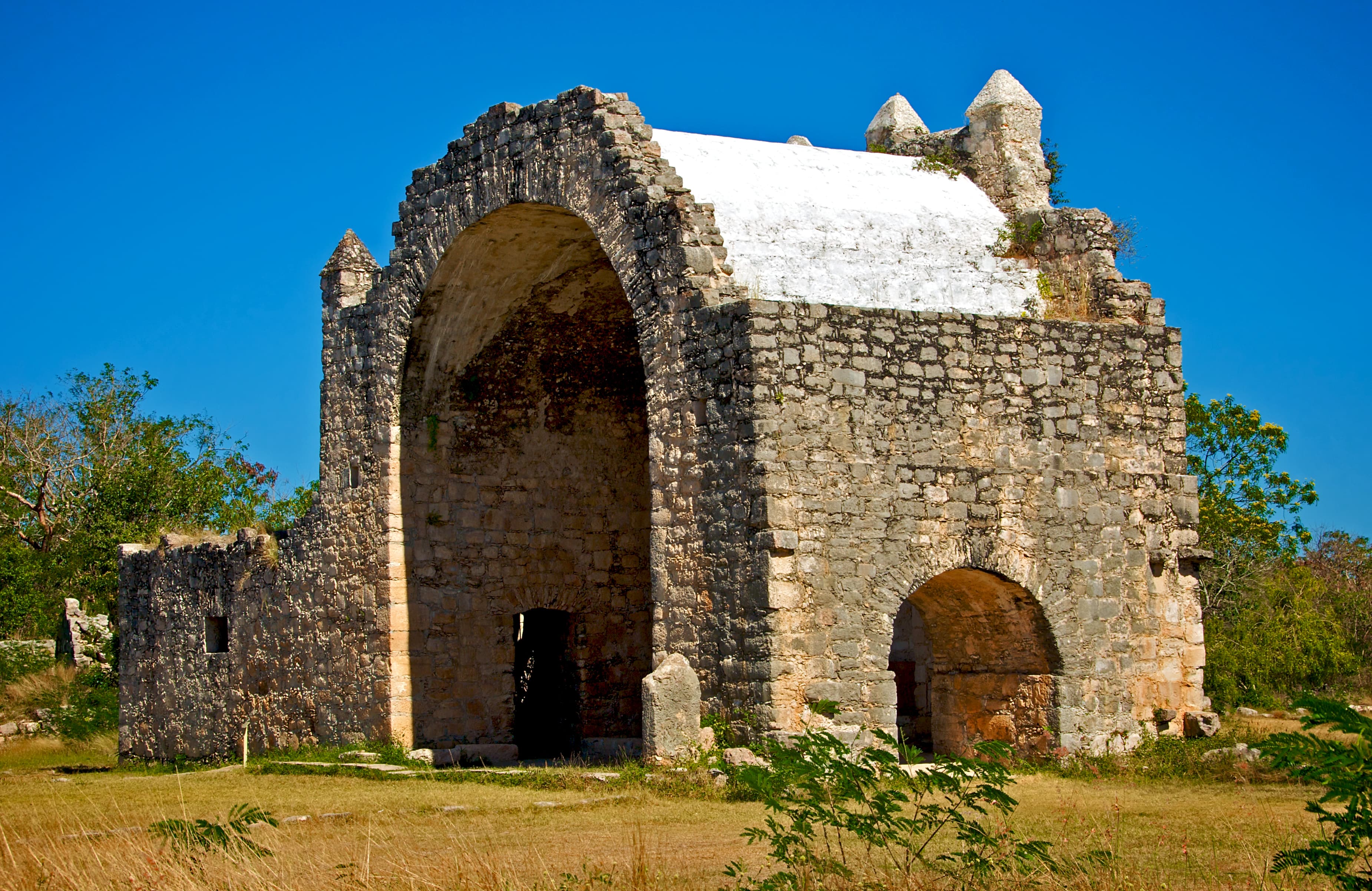 Ruins of the colonial open chapel at Dzibilchaltún in Yucatán, Mexico. Seen from the southwest.