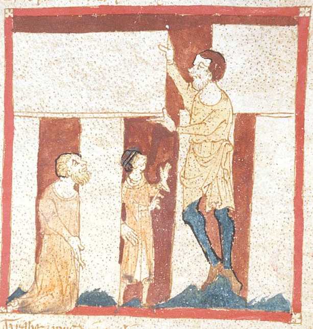 Fol. 30r. detail, Depicted person:  Merlin. This illustration shows the construction of Stonehenge by a giant with the assistance of Merlin. It is the oldest known illustration of Stonehenge.