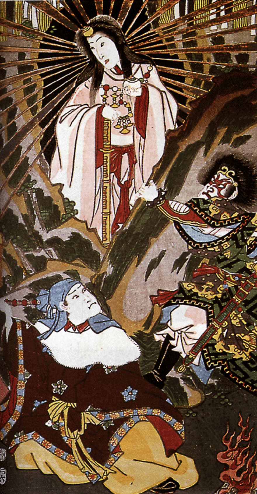 Japanese Sun goddess Amaterasu emerging from a cave. (This is a part of the full artwork).
