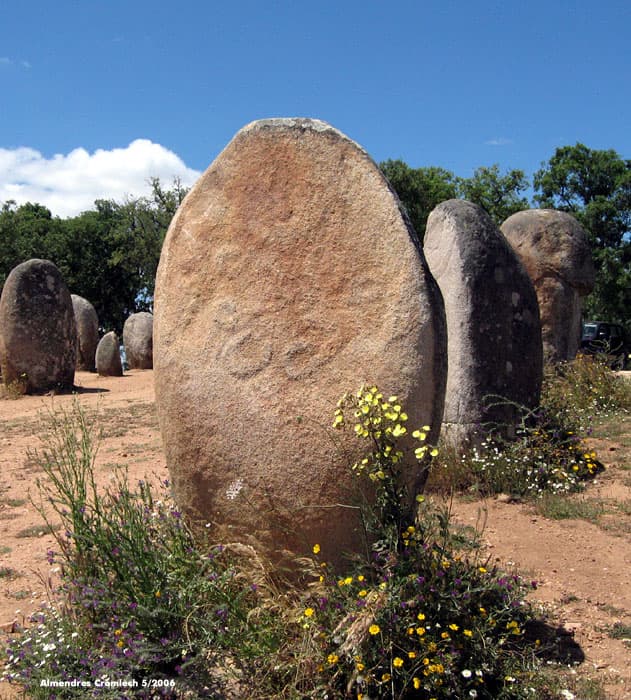 An engraved stone at the Almendres Cromlech, photo taken about noon (month?). Otherwise the engravings are hard to find.