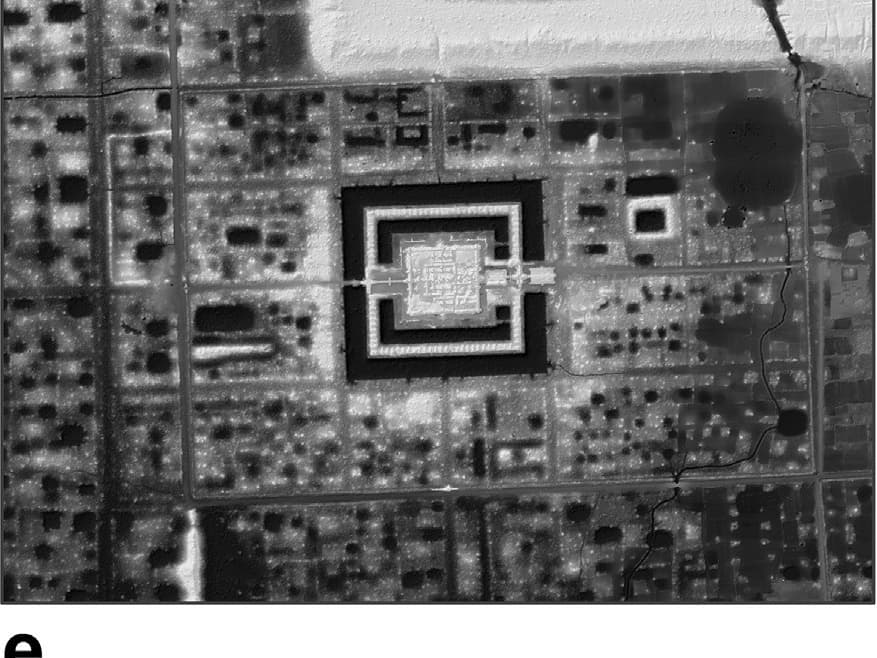LiDAR-derived bare-earth model of Ta Prohm and the gridded archaeological landscape around its enclosure.